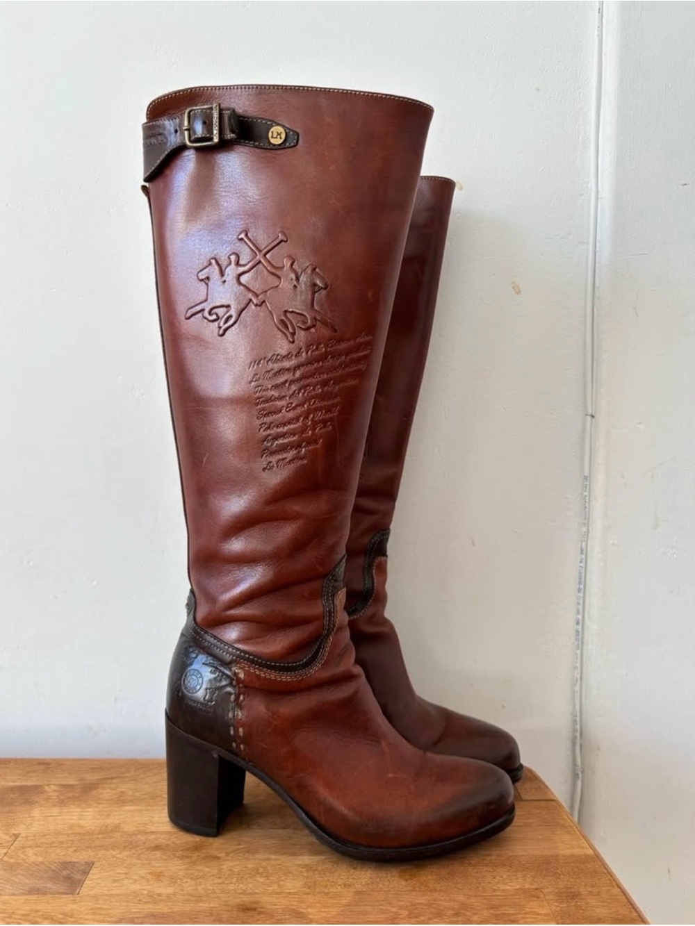 Embossed Leather Riding Boots - Brown